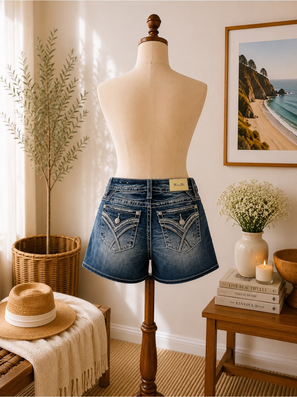 Miss Me Mid Rise Denim Shorts Size 29 EUC Embellished Pocket Stretch